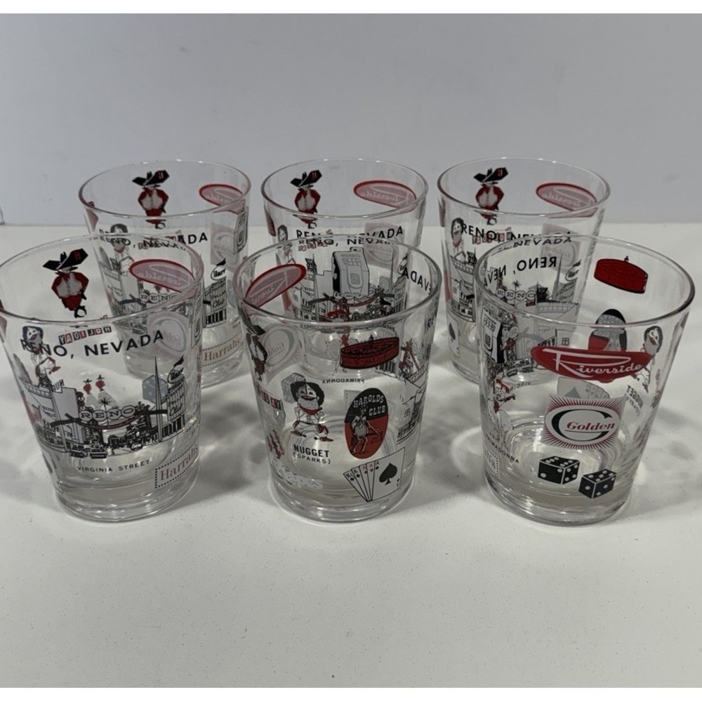 Vintage Reno Nevada Harrah's Casino Theme Drink Glass 6 Lot Glasses